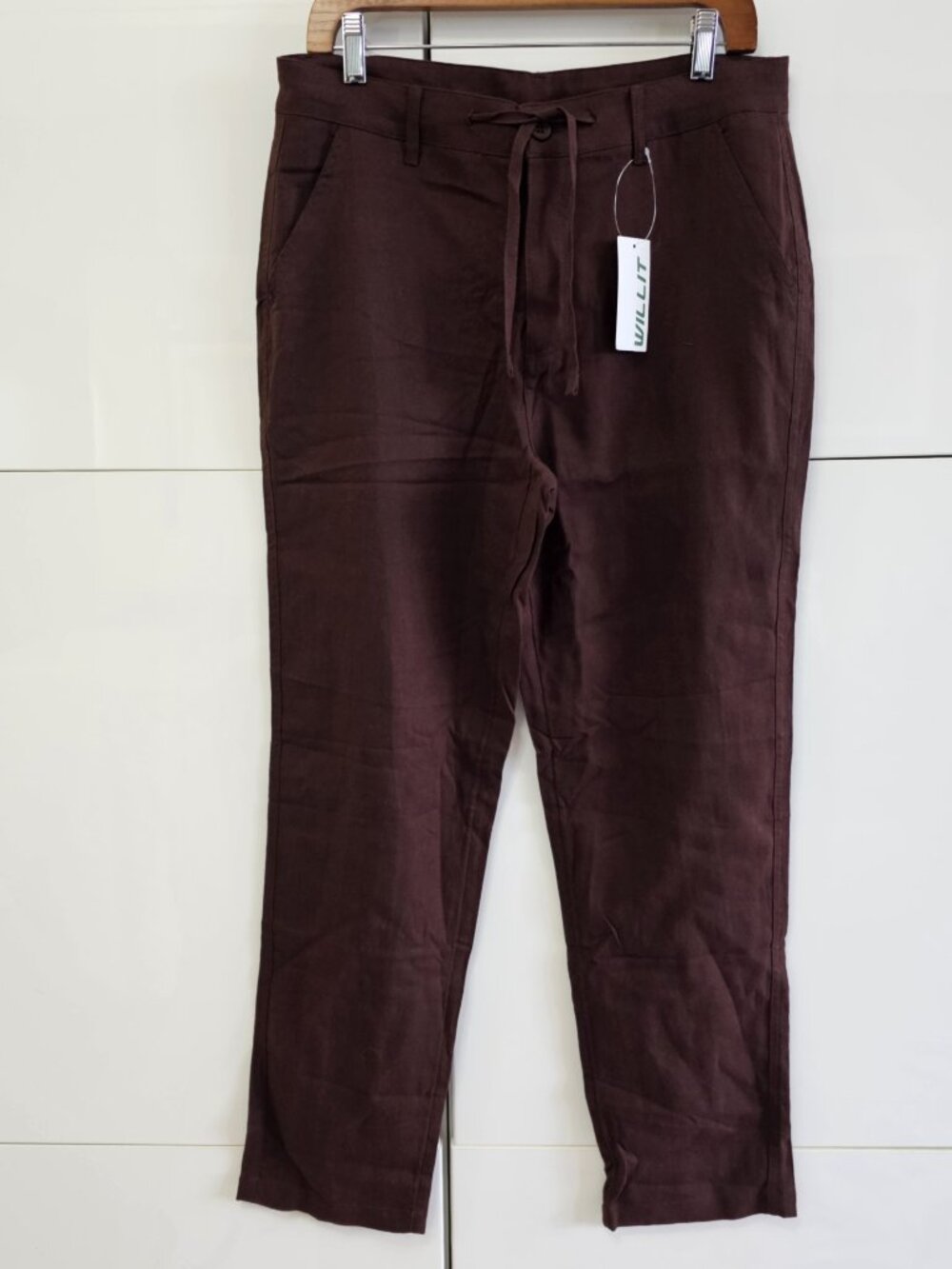 New Willit Burgundy Red Straight Fit Cotton Linen Blend Twill Chino Trousers - Picture 3 of 13